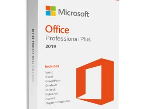 Caja del software Microsoft Office Professional Plus 2019, con el logotipo de Microsoft y el ícono de Office en color naranja. Se listan las aplicaciones incluidas, como Word, Excel, PowerPoint y Outlook.